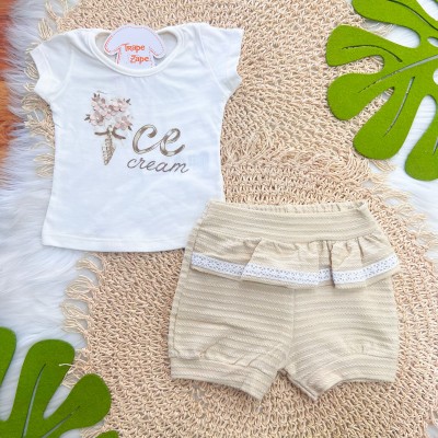 Conj. Blusa Ice Cream e Short com Babadinho - Creme